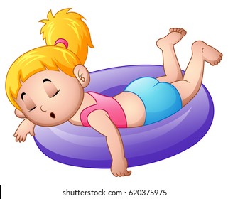 Vector illustration of Little girl sleeping above an inflatable ring