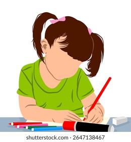 Vector illustration of little girl studying