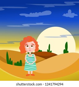 Vector illustration of little girl sunset