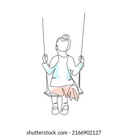 Vector illustration of a little girl swinging on a swing drawn in line art style