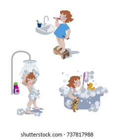 Vector illustration of little girl taking a shower, a bath, brushing teeth in a bathroom.
