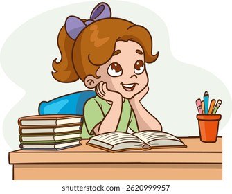 Vector Illustration of a Little Girl Thinking While Studying at the Table with Books