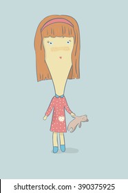 Vector illustration. Little girl with a toy bear. Pastel colors. Cartoon style.