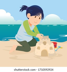 Vector illustration of a Little girl at tropical beach making sand castle.