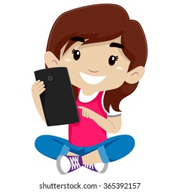 Vector Illustration Little Girl Using Tablet Stock Vector (Royalty Free ...