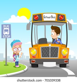 Vector illustration of little girl waiting for school bus