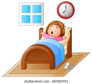 Vector illustration of Little girl waking up in a bed and yawning