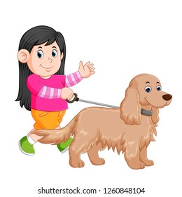 vector illustration of a little girl is walking with her female dog and waving her hand