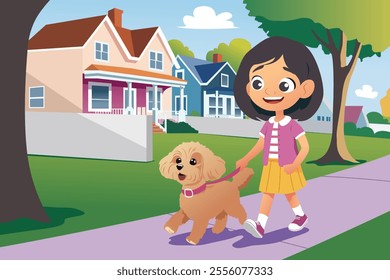 A vector illustration of Little Girl Walking Her Dog in the Neighborhood