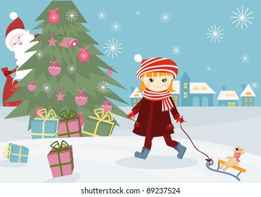 Vector illustration of little girl walking with a sledge