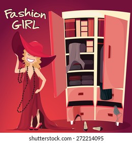 Vector Illustration of Little Girl with wardrobe full of clothes . Fashion Kid