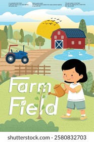 Vector illustration of little girl watering young plant, farm field concept