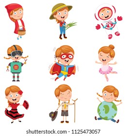 Vector Illustration Of Little Girl Wearing Various Costumes