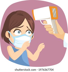 Vector illustration of a little girl wearing medical face mask nervous in temperature measuring checkpoint with pyrometer instrument 