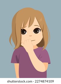 Vector illustration of little girl wearing purple casual shirt bitting nails over dark background. Female kid feeling anxious with stressed face concept