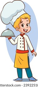 vector Illustration of a Little girl Wearing a Cook Uniform Holding a Platter