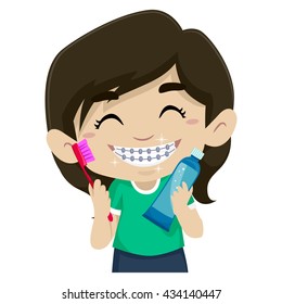 Vector Illustration of Little Girl wearing Braces holding Toothbrush