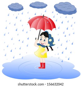 Vector illustration of little girl who stands in pool under an umbrella and looking at rain