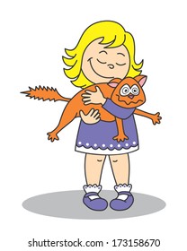 vector illustration of a little girl who is holding a cat