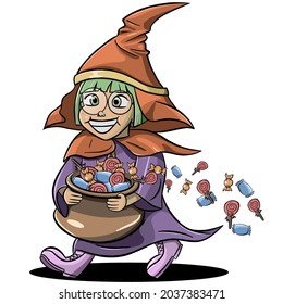 Vector illustration of little girl who love candies so much at Halloween. Perfect for greeting card or decoration for Halloween even.