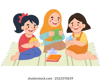 Vector illustration of little girls playing with folded paper