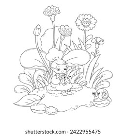 Vector illustration of a little gnome girl sitting with a beetle on a grass background. Outline sketch with a small forest elf in clearing with flowers for a coloring book.