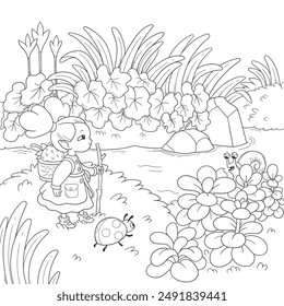 Vector illustration of a little gnome girl walking with a beetle and a snail near the water. A sketch of a small forest elf in a clearing for a coloring book.
