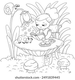 Vector illustration of a little gnome reading fairy tales on a mushroom. A sketch of a small forest elf girl with a beetle and a snail for a coloring book. Cute cartoon characters.