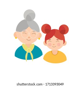 Vector illustration. Little granddaughter with cute hairstyle and her grandmother with glasses.