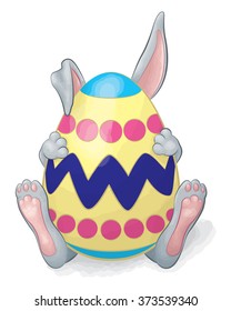 A vector illustration of a little gray bunny hiding behind a colorfully painted Easter egg isolated on a transparent background.
