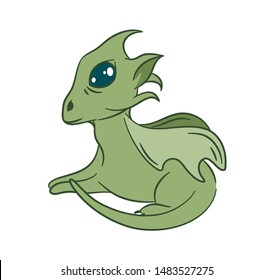 Vector illustration with a little green dragon that lies. Fantastic animal with wings and big blue eyes on a white background. Cute mythological animal.