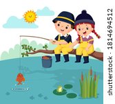 Vector illustration of little happy boy and girl sitting on the branch and fishing in a pond. Fisherman kids.
