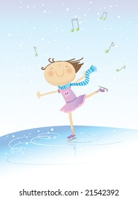 vector illustration of a little happy girl skating on music on winter background