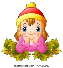 Vector illustration of Little happy girl with autumn leaves