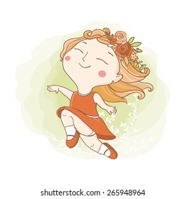 Vector illustration. Little hippie girl with flowers.