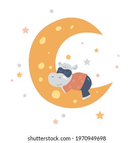 Vector illustration of a little hippopotamus sleeping on the moon isolated on white background. Perfect for a poster, nursery clothing, postcard, print.