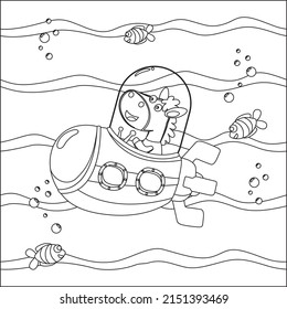 Vector illustration of little horse driving submarine with cartoon style, Childish design for kids activity colouring book or page.