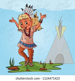 vector illustration of a little Indian girl in traditional clothes with feathers on her head with her hands up happy rain