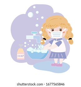 Vector illustration of a little kawaii blond hair girl who wear medical mask and cleaning her hands by soap to prevent Corona virus or COVID19. World water day.