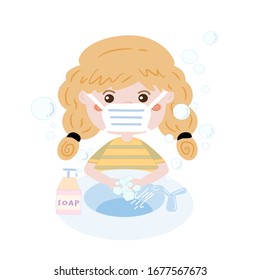 Vector illustration of a little kawaii blond hair girl who wear medical mask and cleaning her hands by soap to prevent Corona virus or COVID19. World water day.