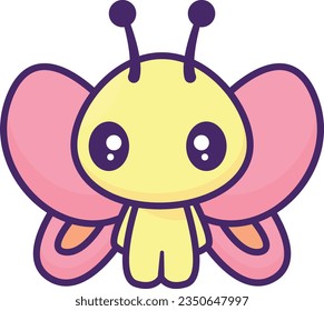 Vector illustration of a little kawaii butterfly. Adorable happy drawing of a butterfly. Flower fairy.