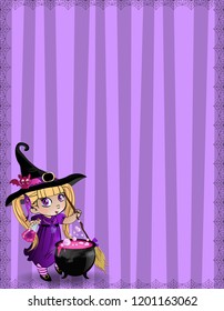 Vector illustration of little kawaii witch baby girl with broomstick and cauldron framed with spider web on purple striped background. Halloween invitation, greeting card template with space for text