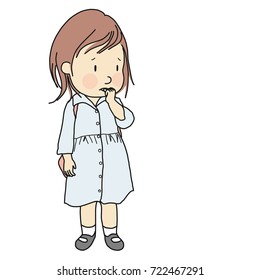 Vector Illustration Of Little Kid Biting Her Nail To Relieve Anxiety, Loneliness, Stress. Early Childhood Development, Nervous Habit, Emotional And Behavior Problem Concept. Cartoon Character Design.