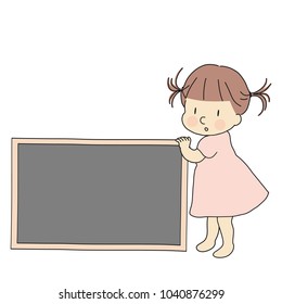 Vector illustration of little kid with blank chalkboard for presentation, brochure and banner. Child education and learning, background concept. Cartoon character drawing.