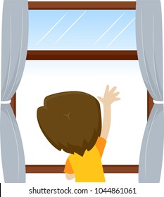 Vector Illustration Of Little Kid Boy Waving And Looking Outside The Window