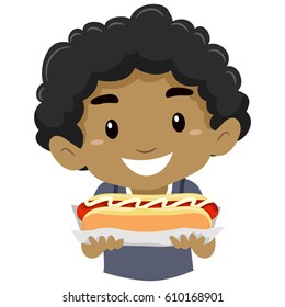Vector Illustration of Little Kid Boy Holding a Hotdog