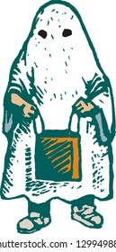 Vector illustration of little kid in ghost Halloween costume