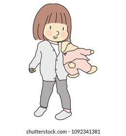 Vector illustration of little kid girl holding and hugging bunny doll. Early childhood development, child playing, happy children day concept. Cartoon character drawing.