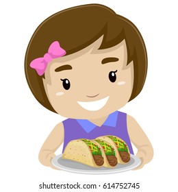 Vector Illustration Of Little Kid Girl Holding A Taco