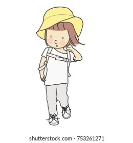 Vector illustration of little kid girl walking with school backpack and yellow hat. Child development, travel concept. Cartoon character drawing style. Isolated on white background.